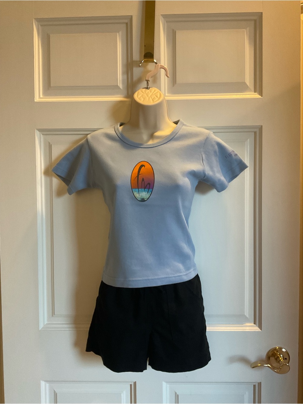 Vintage Fleetwood Mac Light Blue Crop Tee w Sunset Surf Logo NWT fitted baby tee
